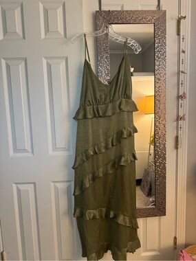 Olive Green Ruffle Midi Slip Dress